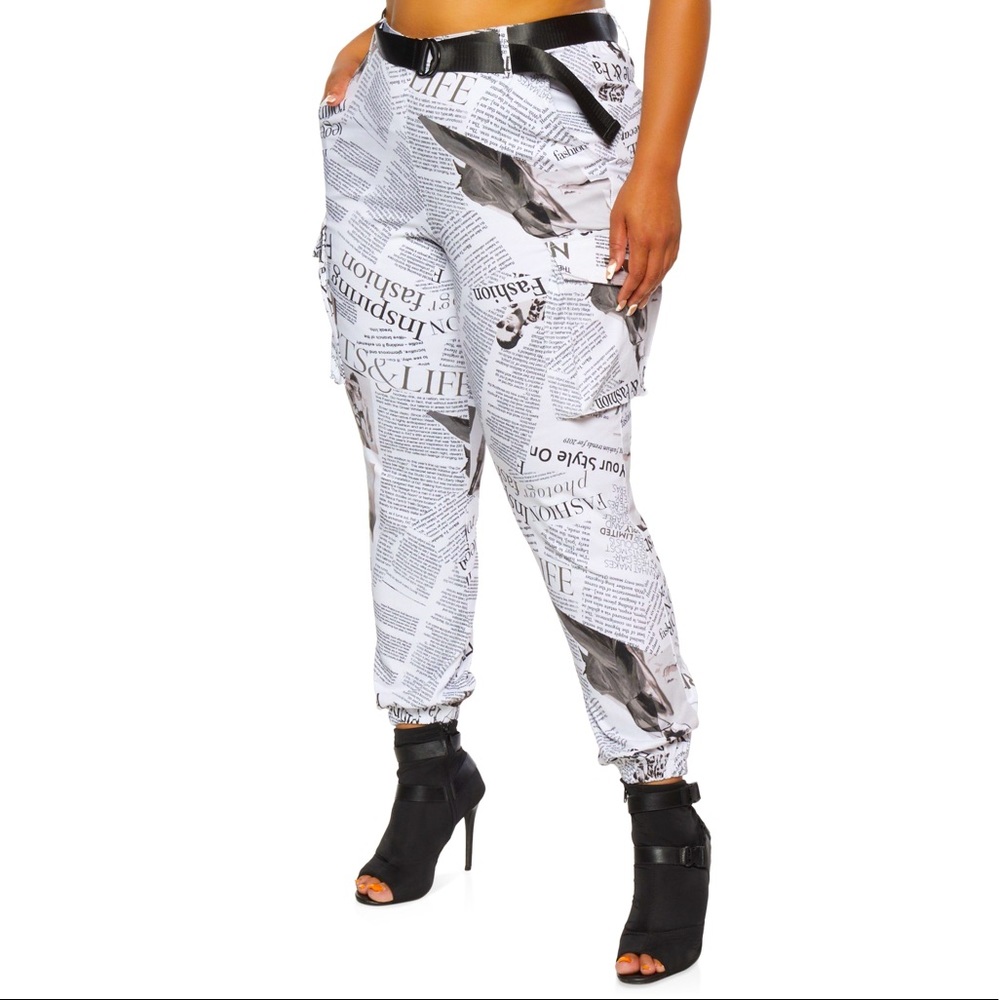 Plus sized newsprint cargo pants with belt